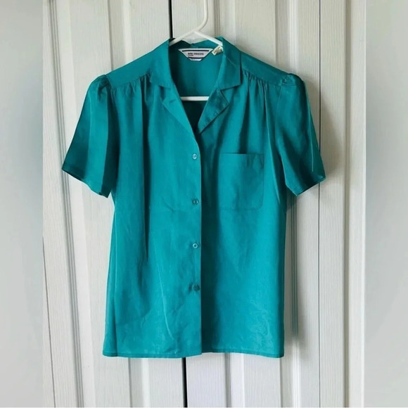 Avon Tops - Vintage Avon Fashions teal retro 
Button Blouse Size 5/6